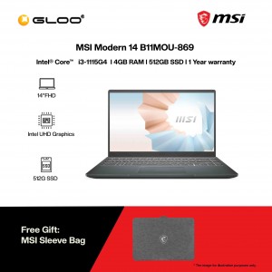 [Pre-order] MSI Modern 14 B11MOU-869 (i3-1115G4,4GB,512GB SSD,Intel UHD Graphics,14"FHD,W11H,Gray) [FREE] MSI Sleeve Bag [ETA:3-5 working days]