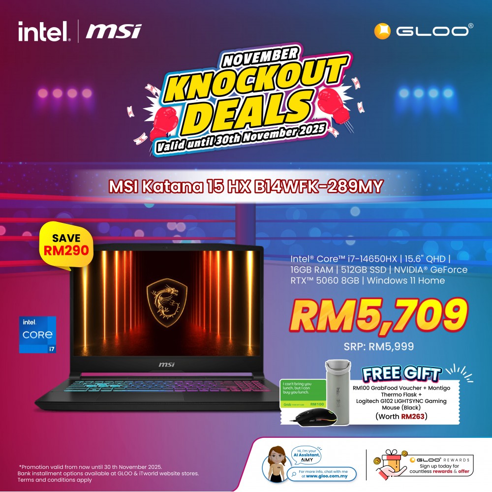 MSI Katana 15 HX B14WFK-289MY (NVIDIA® GeForce RTX™ 5060 | C i7-14650HX | 15.6" QHD | 16GB | 512GB SSD | Windows 11 Home)