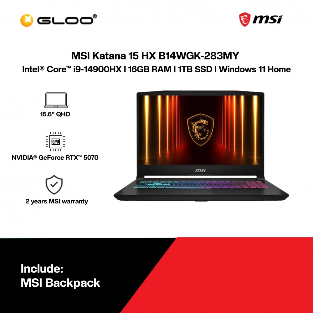 MSI Katana 15 HX B14WGK-283MY Gaming Laptop (Intel® Core™ i9-14900HX | 15.6" QHD | 16GB RAM | 1TB SSD | NVIDIA® GeForce RTX™ 5070 8GB | Windows 11 Home)