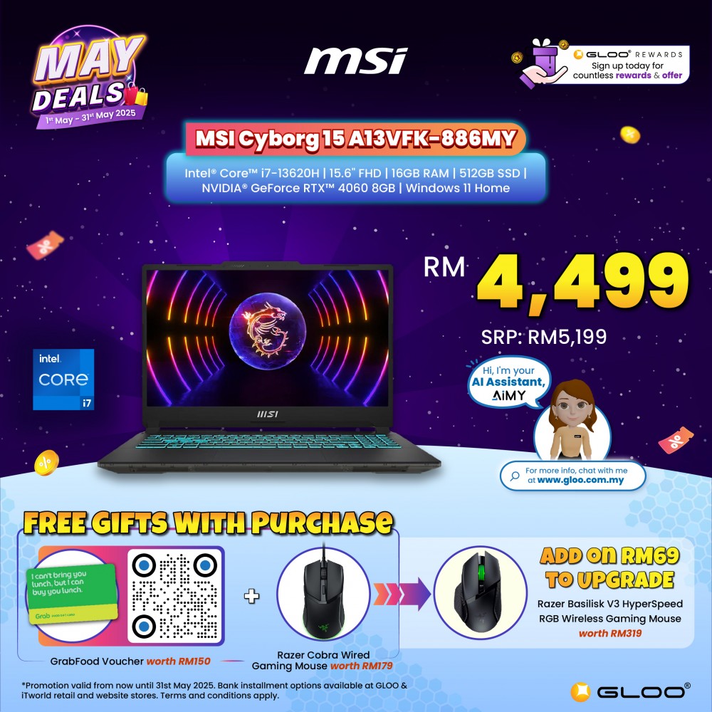 [Pre-order] MSI Cyborg 15 A13VFK-886MY Gaming Laptop (NVIDIA® GeForce RTX™ 4060 8GB,i7-13620H,16GB,512GB SSD,15.6"FHD,W11H,Black,2Y) [ETA:3-5 working days]