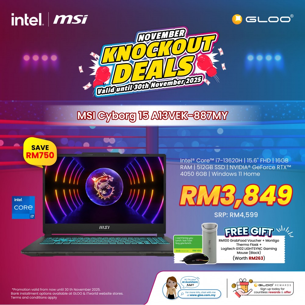 MSI Cyborg 15 A13VEK-887MY Gaming Laptop (Intel® Raptor Lake i7-13620H | 15.6"FHD | 16GB RAM | 512GB SSD | NVIDIA® GeForce® RTX4050 | Windows 11 Home)