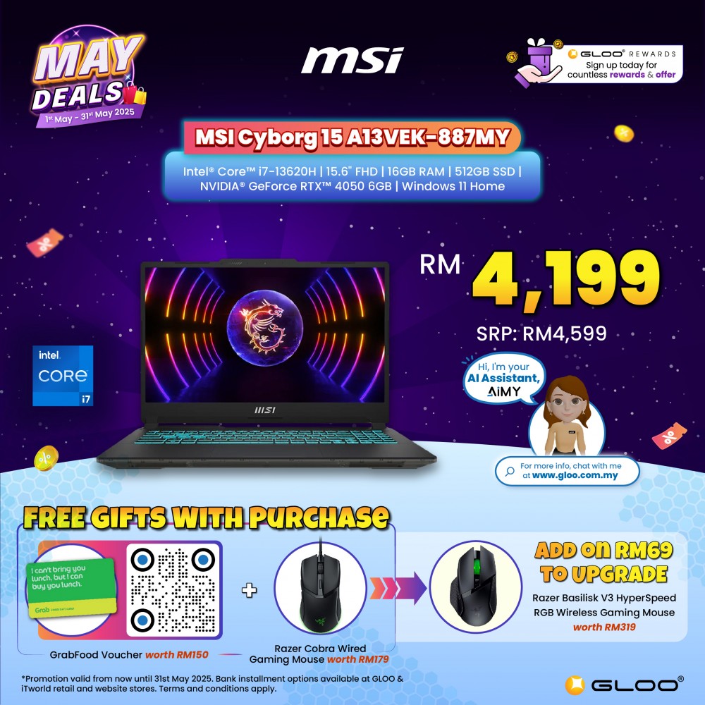 MSI Cyborg 15 A13VEK-887MY Gaming Laptop (Intel® Raptor Lake i7-13620H | 15.6"FHD | 16GB RAM | 512GB SSD | NVIDIA® GeForce® RTX4050 | Windows 11 Home)