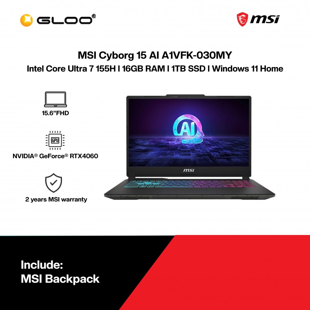 [Pre-order] MSI Cyborg 15 AI A1VFK-030MY Gaming Laptop (U7-155H,16GB,1TB SSD,RTX4060 8GB,15.6” FHD,W11H,Black,2Y) [ETA:3-5 working days]