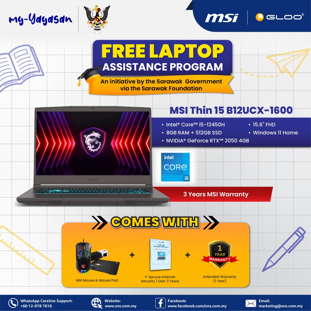 (my-Yayasan) MSI Thin 15 B12UCX-1600MY Gaming Laptop (i5-12450H,8GB,512 GB SSD,RTX2050 4GB,15.6"FHD,W11H,Gray,2Y)