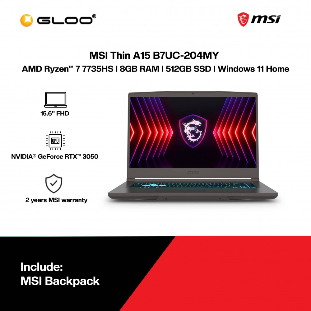 MSI Thin A15 B7UC-204MY Gaming Laptop (AMD Ryzen™ 7 7735HS | 15.6" FHD | 8GB RAM | 512GB SSD | NVIDIA® GeForce RTX™ 3050 4GB | Windows 11 Home)