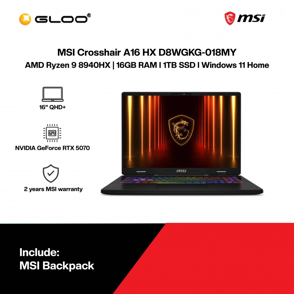 MSI Crosshair A16 HX D8WGKG-018MY Gaming Laptop (AMD Ryzen 9 8940HX | 16" QHD+ | 16GB RAM | 1TB SSD | NVIDIA GeForce RTX 5070 | Windows 11 Home)
