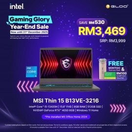 MSI Thin 15 B13VE-3216MY Gaming Laptop (Intel Core i5-13420H | 15.6" FHD | 8GB RAM | 512GB SSD | NVIDIA® GeForce RTX™ 4050 | Windows 11 Home | Office Home 2024) 