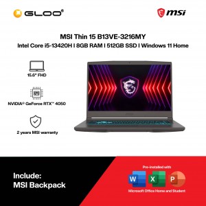 MSI Thin 15 B13VE-3216MY Gaming Laptop (Intel Core i5-13420H | 15.6" FHD | 8GB RAM | 512GB SSD | NVIDIA® GeForce RTX™ 4050 | Windows 11 Home | Office Home 2024) 