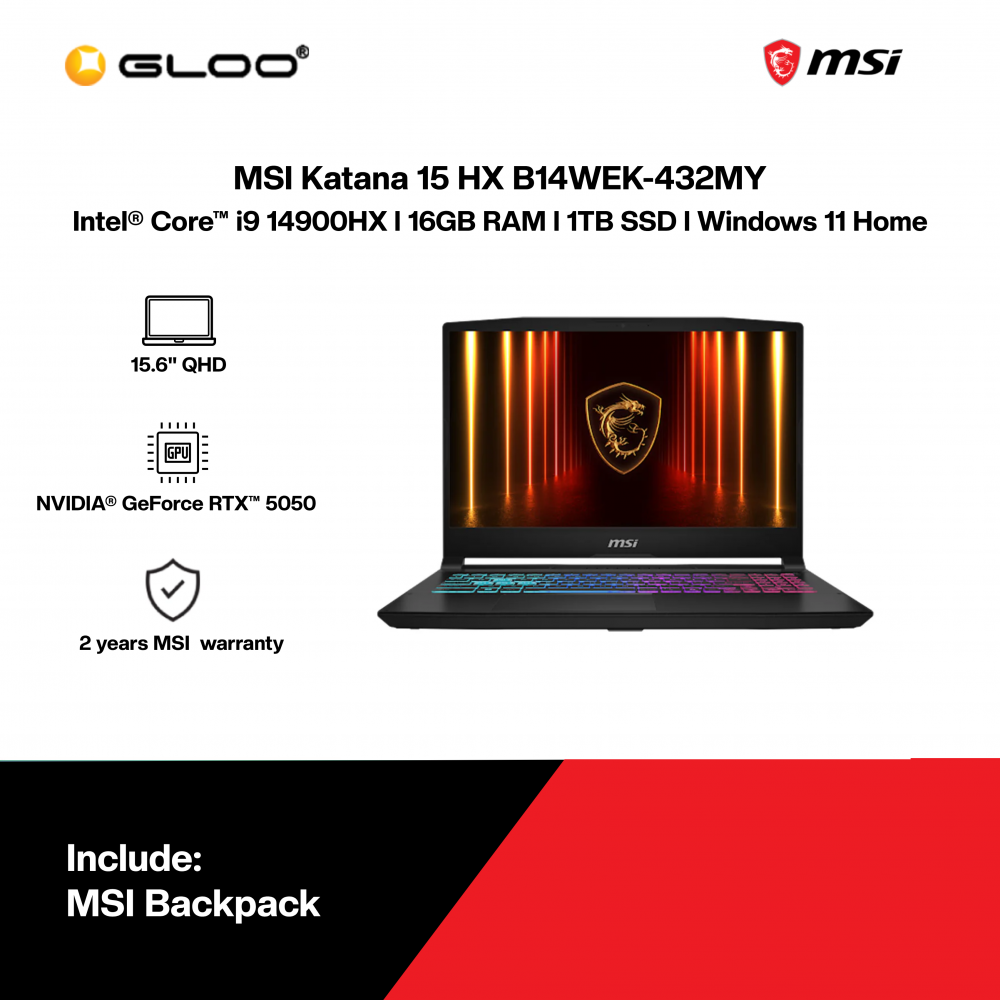 MSI Katana 15 HX B14WEK-432MY Gaming Laptop (Intel® Core™ i9-14900HX | 15.6” QHD | 16GB RAM | 1TB SSD | NVIDIA® GeForce RTX™ 5050 | Windows 11 Home)