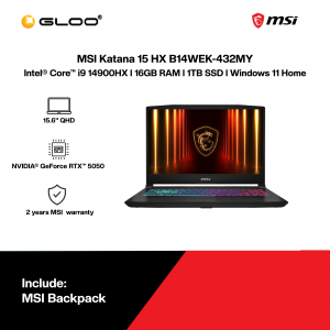 MSI Katana 15 HX B14WEK-432MY Gaming Laptop (NVIDIA® GeForce RTX™ 5050 | Intel® Core™ i9-14900HX | 15.6” QHD | 16GB RAM | 1TB SSD | Windows 11 Home)