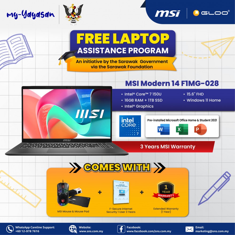 (my-Yayasan) MSI Modern 14 F1MG-028MY Laptop (Intel Core 7 150U Processor | 14" FHD | 16GB RAM | 1TB SSD | Intel Graphics | Windows 11 Home | Office Home & Student)
