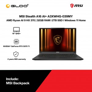 MSI Stealth A16 AI+ A3XWHG-039MY Gaming Laptop (AMD Ryzen AI 9 HX 370 | 16" QHD+ | 32GB RAM | 2TB SSD | NVIDIA GeForce RTX 5070Ti | Windows 11 Home)