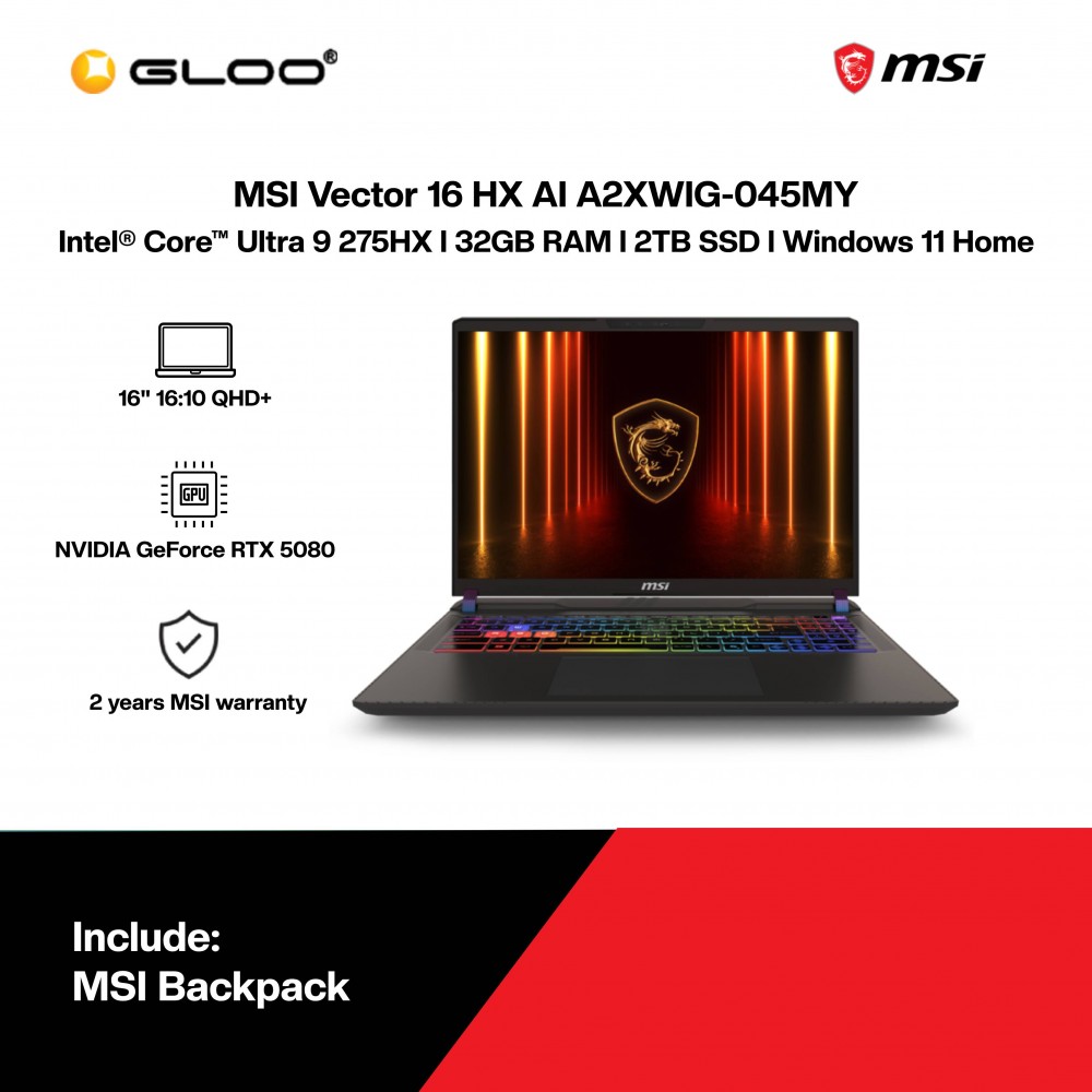 MSI Vector 16 HX AI A2XWIG-045MY Gaming Laptop (Intel Core Ultra 9 Processor 275HX |16”QHD+ | 32GB RAM | 2TB SSD | NVIDIA RTX 5080 | Windows 11 Home)