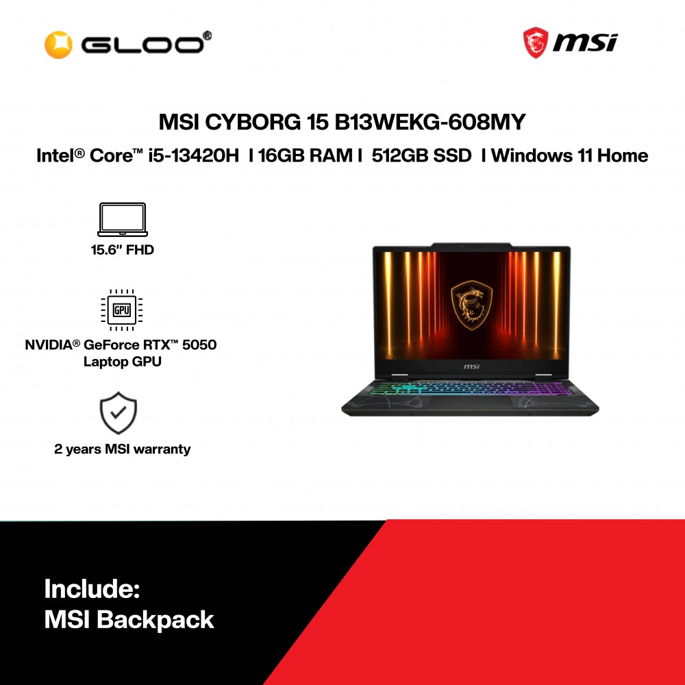 MSI Cyborg 15 B13WEKG-608MY Gaming Laptop (NVIDIA® GeForce RTX™ 5050 | Intel® Core™ i5-13420H | 15.6” FHD | 16GB RAM | 512GB SSD | Windows 11 Home)