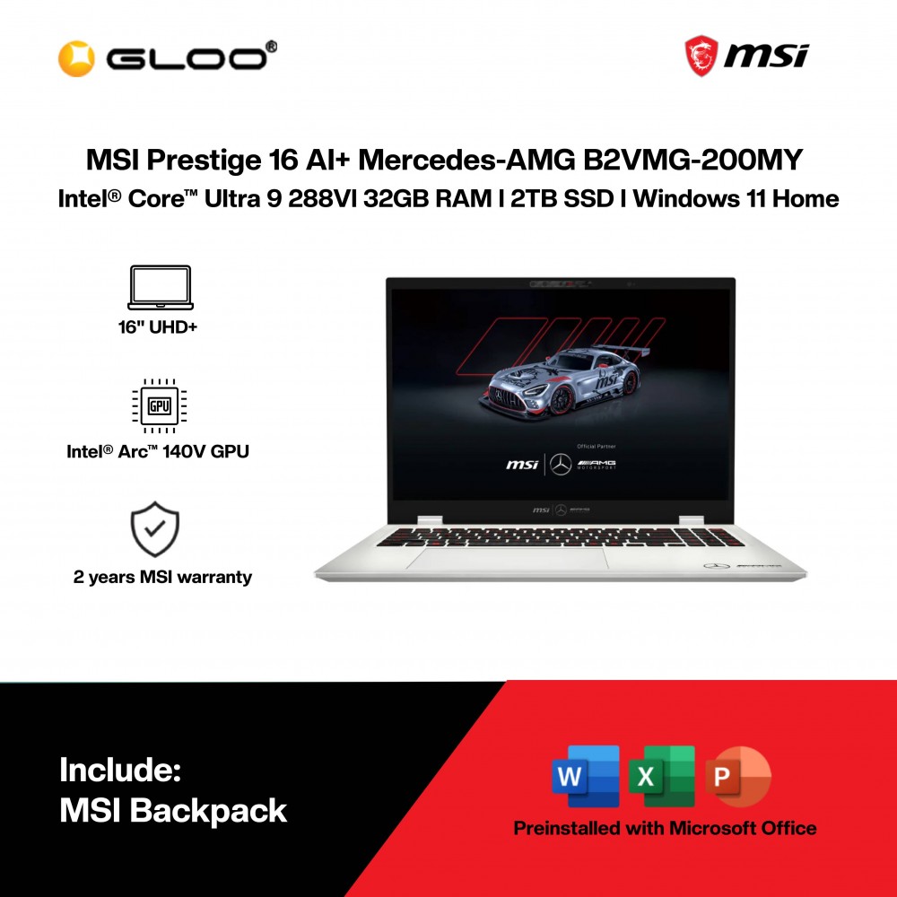 MSI Prestige 16 AI+ Mercedes-AMG B2VMG-200MY Productivity Laptop (Intel® Core™ Ultra 9 288V | 16" UHD+ | 32GB RAM | 2TB SSD | Intel® Arc™ 140V GPU | Windows 11 Home |Microsoft Office Home 2024)