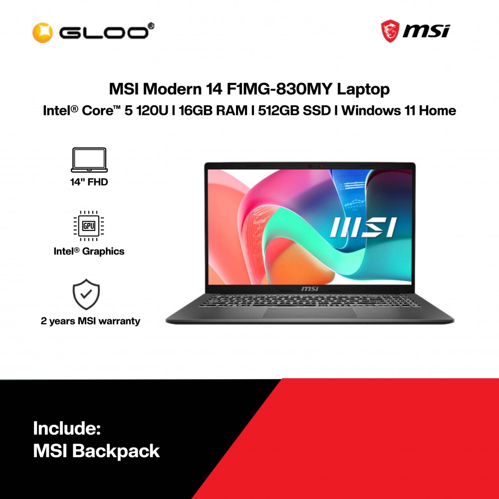 MSI Modern 14 F1MG-830MY Laptop (Intel Core 5-120U | 14" FHD | 16GB RAM | 512GB SSD | Intel Graphics | Windows 11 Home | Microsoft Office Home 2024 + Microsoft 365 Basic | Platinum Gray)