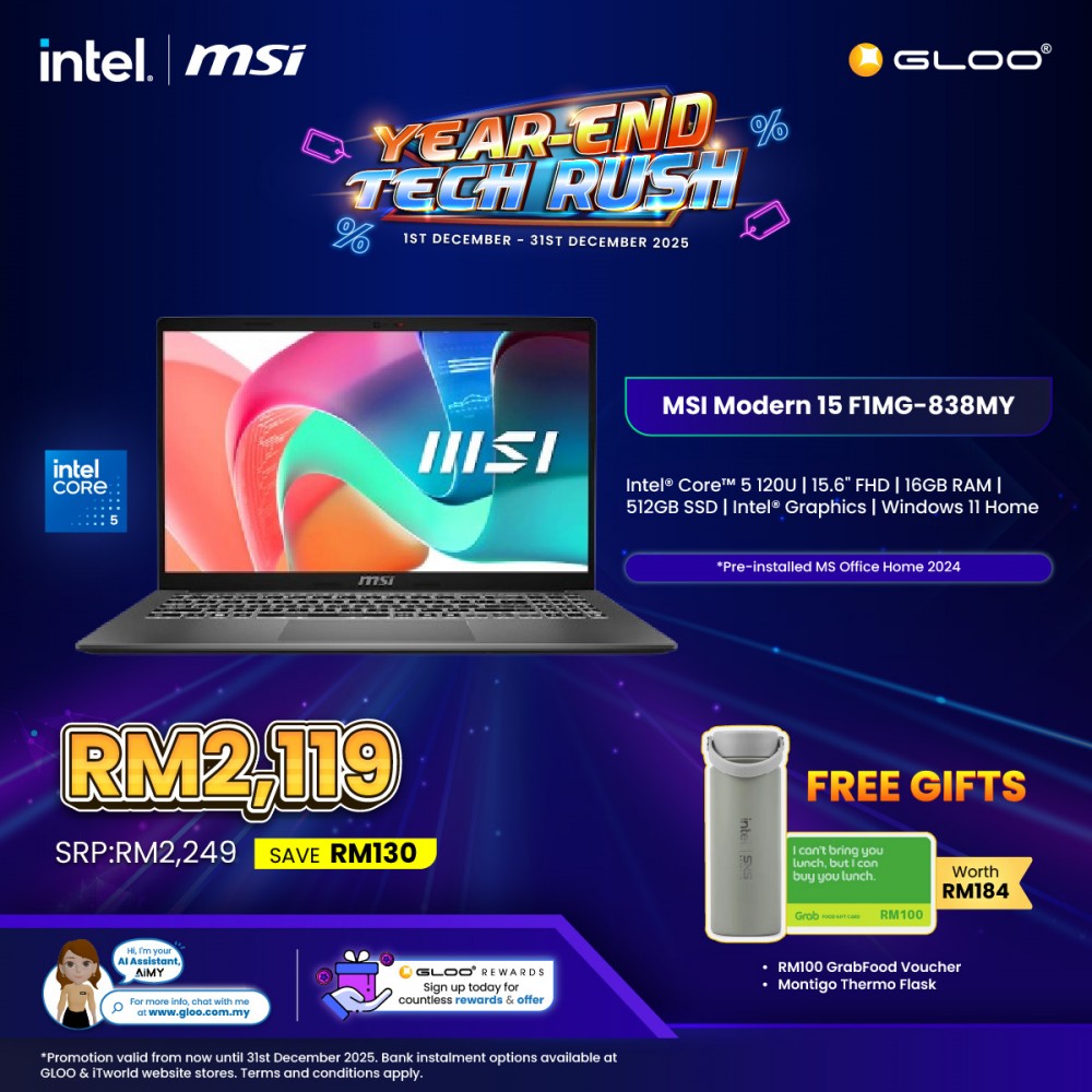 MSI Modern 15 F1MG-838MY Laptop (Intel® Core™ 5 120U | 15.6” FHD | 16GB RAM | 512GB SSD | Intel® Xe Graphics | Windows 11 Home | Microsoft Office Home 2024)