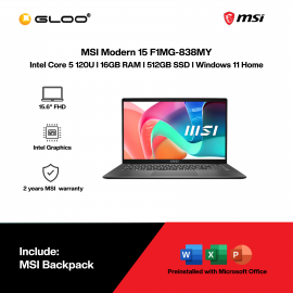 MSI Modern 15 F1MG-838MY Laptop (Intel® Core™ 5 120U | 15.6” FHD | 16GB RAM | 512GB SSD | Intel® Xe Graphics | Windows 11 Home | Microsoft Office Home 2024)
