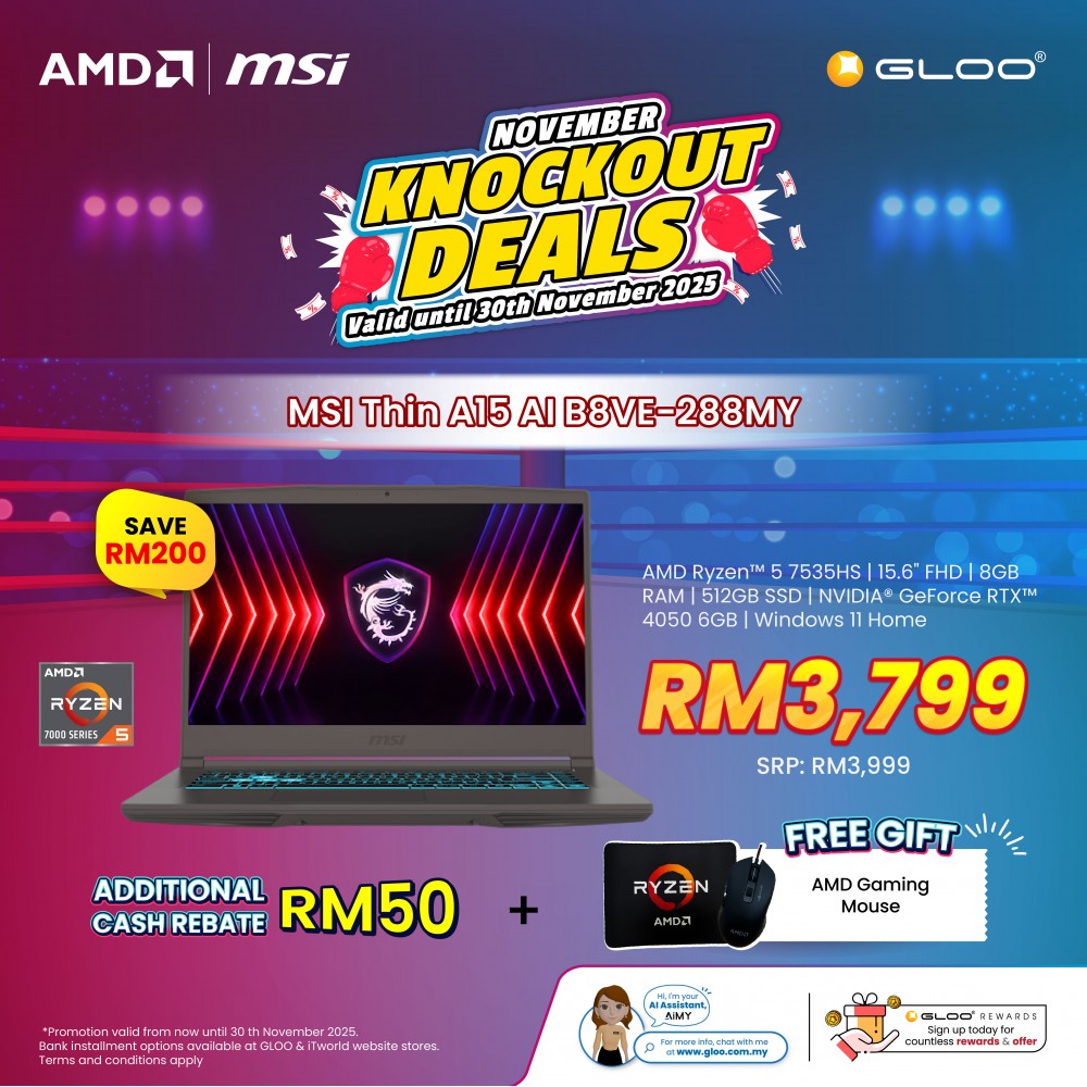 MSI Thin A15 AI B8VE-288MY Gaming Laptop (AMD Ryzen™ 7 8845HS | 15.6" FHD | 8GB RAM | 512GB SSD | NVIDIA® GeForce RTX™ 4050 6GB | Windows 11 Home)