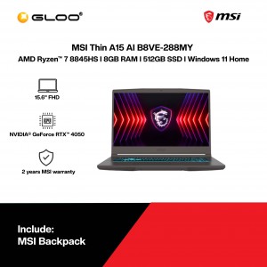 MSI Thin A15 AI B8VE-288MY Gaming Laptop (AMD Ryzen™ 7 8845HS | 15.6" FHD | 8GB RAM | 512GB SSD | NVIDIA® GeForce RTX™ 4050 6GB | Windows 11 Home)