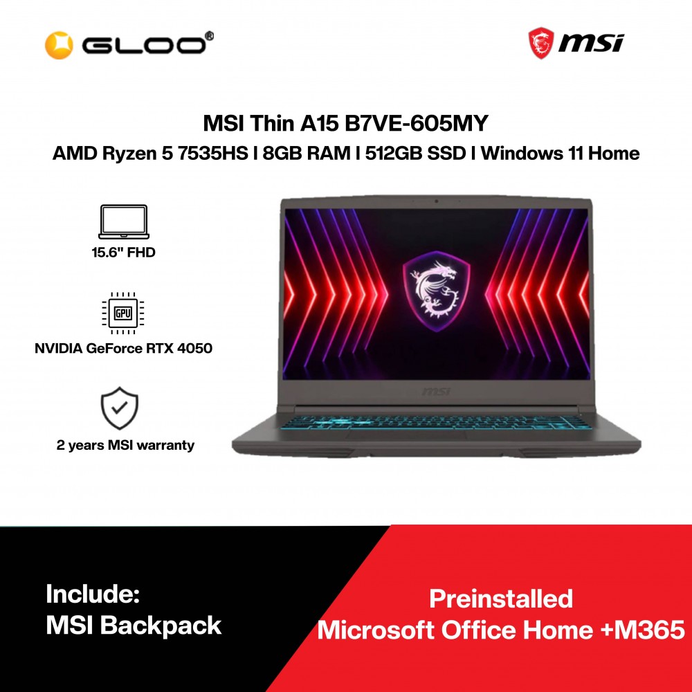 MSI Thin A15 B7VE-605MY Gaming Laptop (AMD Ryzen 5 7535HS | 15.6"FHD | 8GB RAM | 512GB SSD | NVIDIA GeForce RTX 4050 | Windows 11 Home | Office Home + M365)