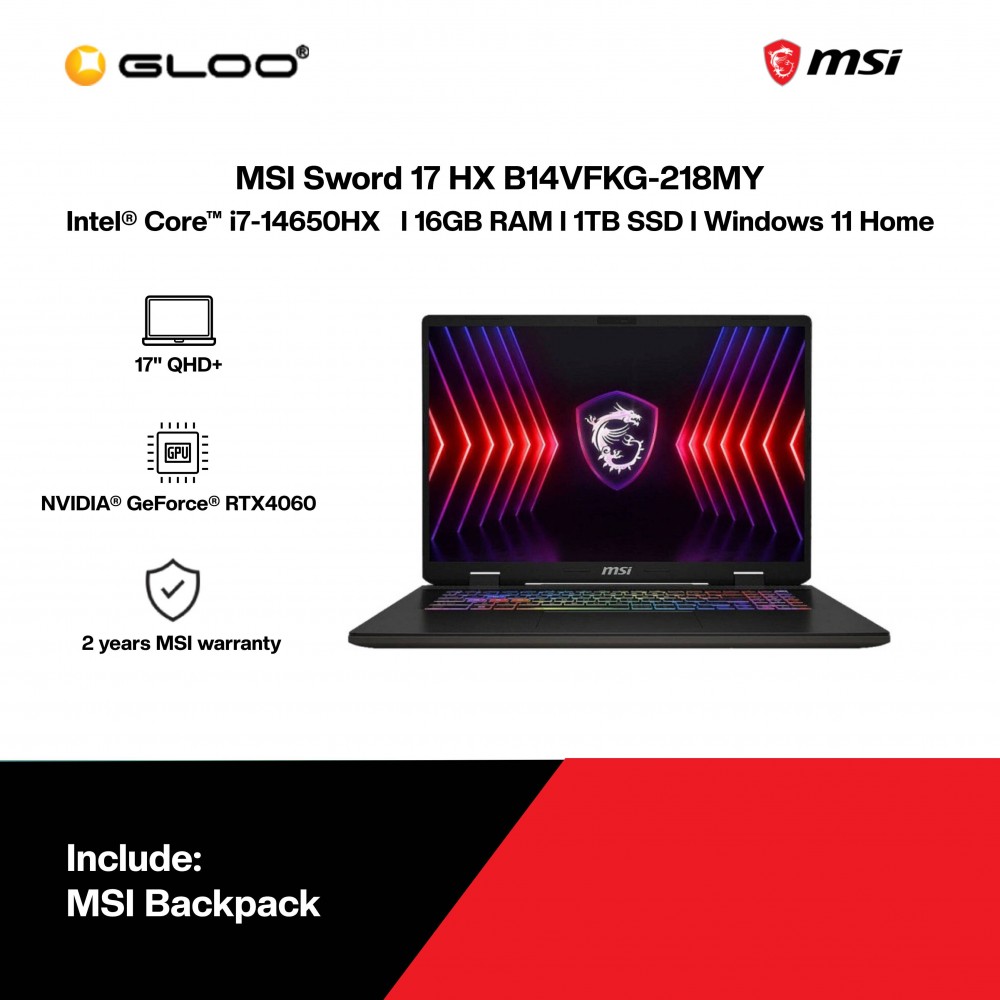 MSI Sword 17 HX B14VFKG-218MY Gaming Laptop (Intel® Core™  i7 14650HX l 17" QHD+ l 16GB RAM l 1TB SSD l NVIDIA® GeForce RTX™ 4060 8GB l Windows 11 Home)