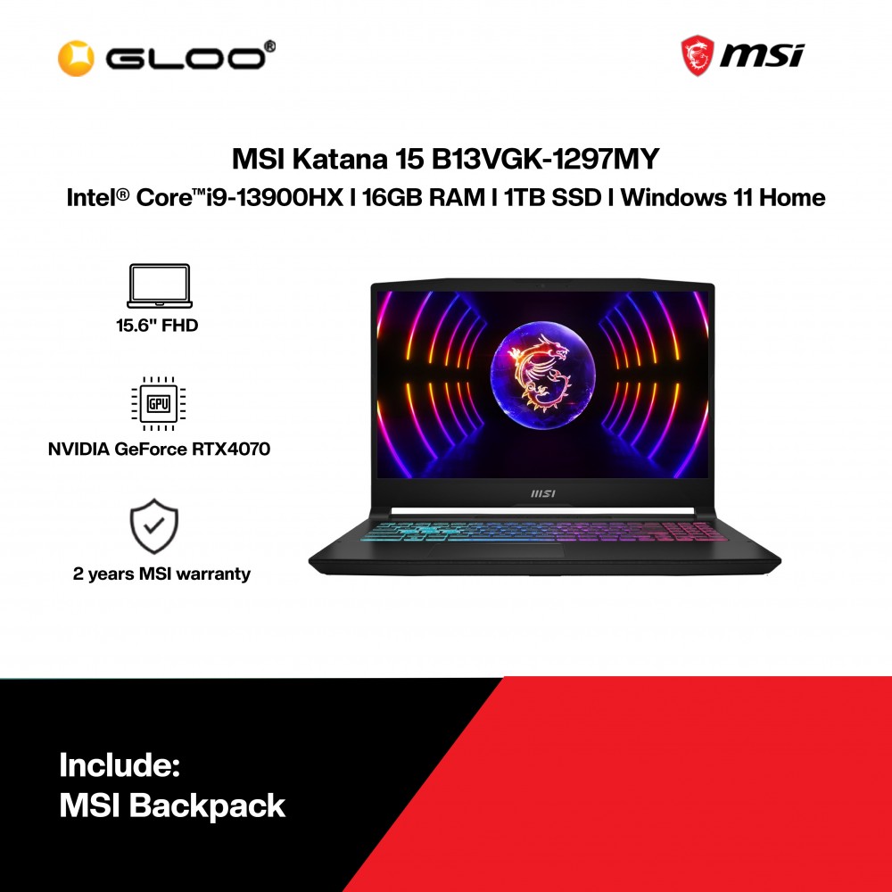 [Pre-order] MSI Katana 15 B13VGK-1297MY Gaming Laptop (i9-13900H,16GB,1TB SSD,RTX4070 8GB,15.6"FHD,W11H,Black,2Y) [ETA:3-5 working days]
