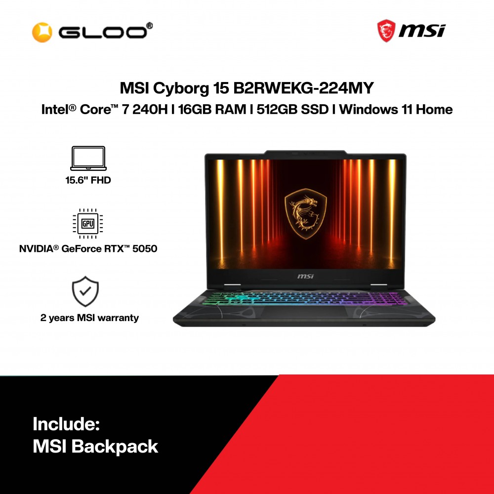 MSI Cyborg 15 B2RWEKG-224MY Gaming Laptop (NVIDIA® GeForce RTX™ 5050 | C 7-240H | 15.6" FHD | 16GB RAM | 512GB SSD | Windows 11 Home)