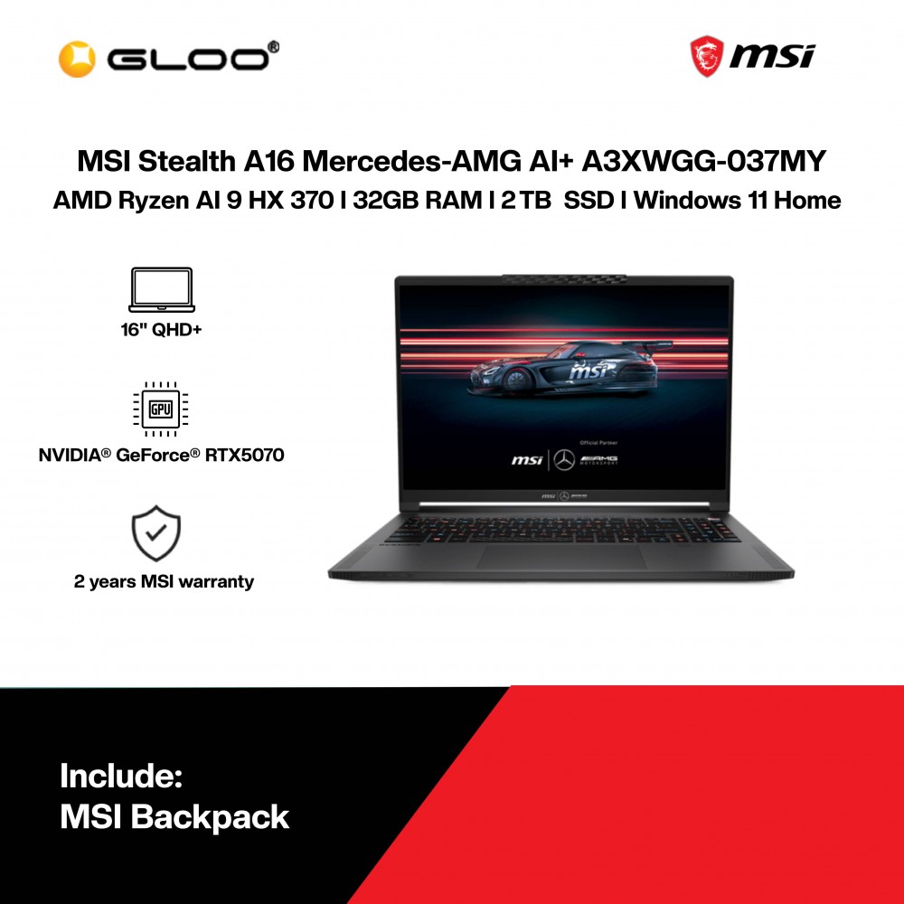 MSI Stealth A16 Mercedes-AMG AI+ A3XWGG-037MY Gaming Laptop (AMD Ryzen™ AI 9 HX 370 | 16” QHD+ | 32GB RAM | 2TB SSD | NVIDIA® GeForce RTX™ 5070 | Windows 11 Home)