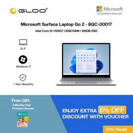 (Surface for Student 5% off) Microsoft Surface Laptop Go 2 12" i5/8GB - 256GB SSD Platinum - 8QF-00042 + Free 3 Months Pixlr Premium Access - Worth RM100