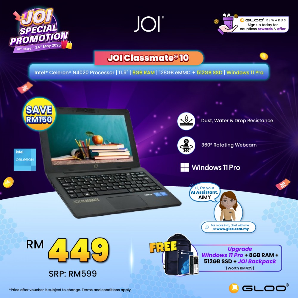 JOI Classmate 10 (Celeron N4020,4GB,128GB eMMC,Intel UHD Graphics 600,11.6”HD,W10 Pro,Grey)