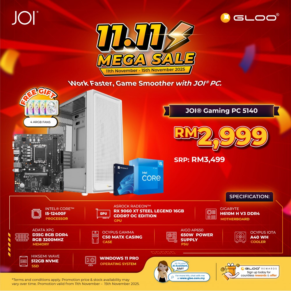 JOI Gaming PC 5140 (Intel Core i5-12400F/8GB RAM/512GB SSD/RX 9060 XT/W11P)