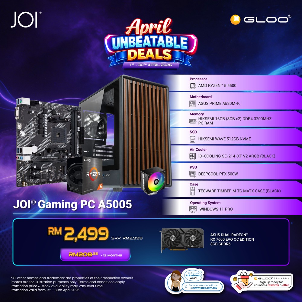 JOI Gaming PC A5005 (AMD RYZEN 5 5500/16GB RAM/512GB SSD/RX 7600/W11P)