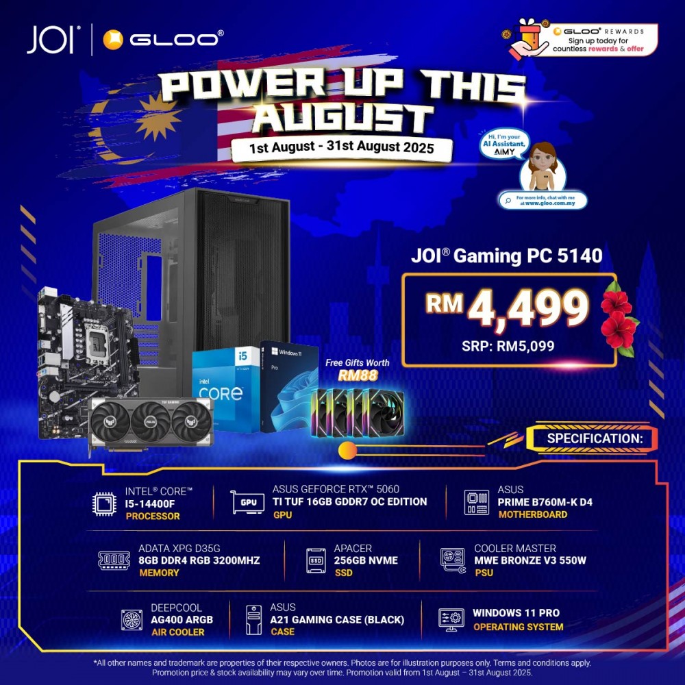 JOI Gaming PC 5140 (Intel core I5-14400F/8GB RAM/256GB SSD/RTX5060TI/W11P)