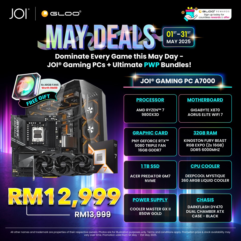 JOI Gaming PC A7000 (AMD Ryzen 7 9800X3D-32GB RAM-1TB SSD-RTX5080-DOS)