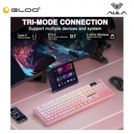 AULA F108 PRO Pink Multi Mode Mechanical Keyboard with Caramel Latte Switch