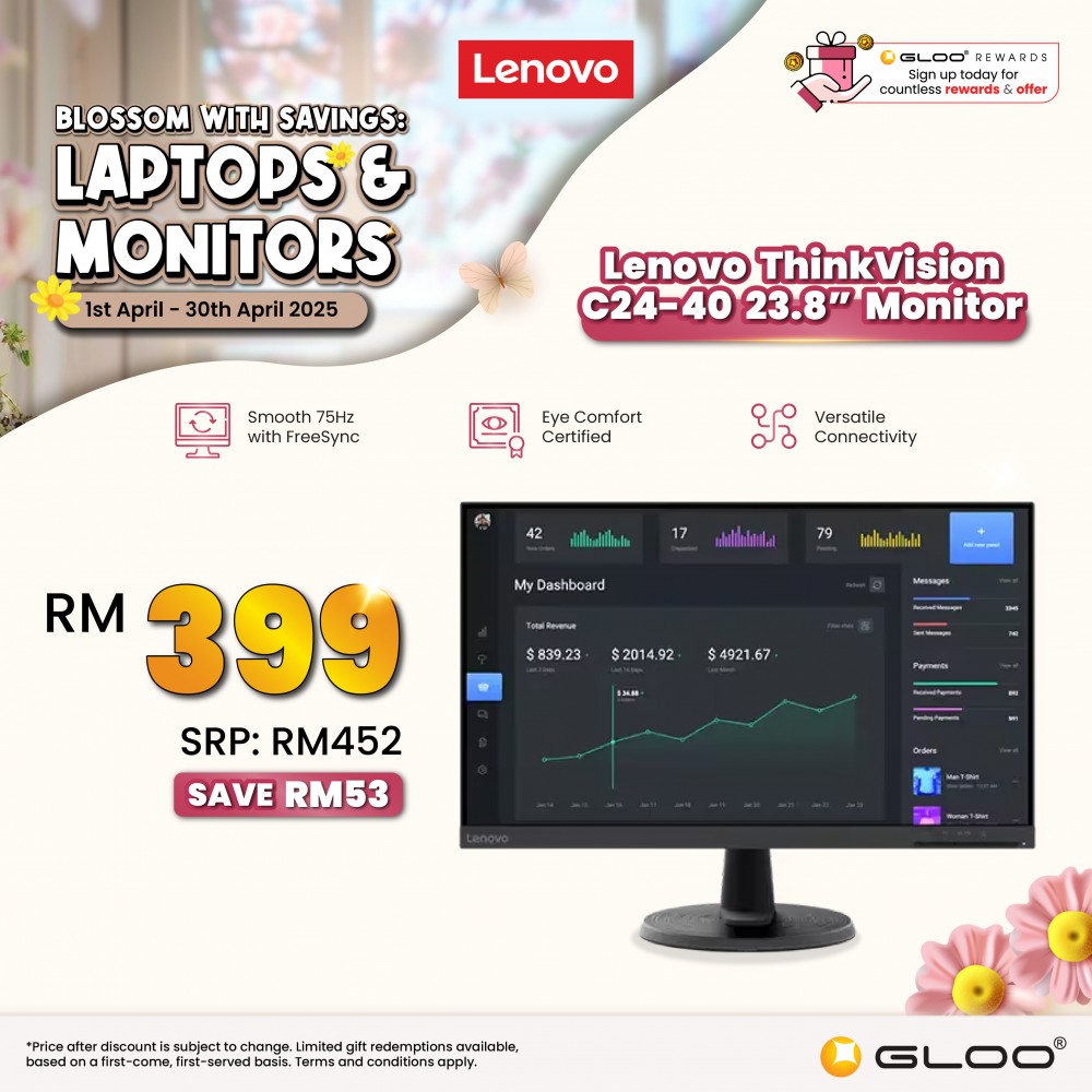(Ready stock) Lenovo 23.8" Thinkvision C24-40 VA FHD 75Hz 4ms Freesync Monitor - 63DCKAR6WW