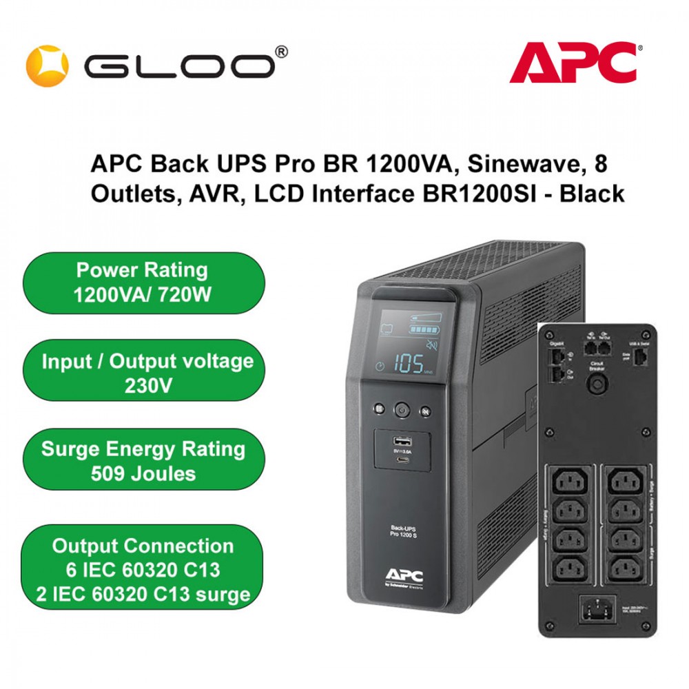 APC Back UPS Pro BR 1200VA, Sinewave, 8 Outlets, AVR, LCD Interface BR1200SI - Black