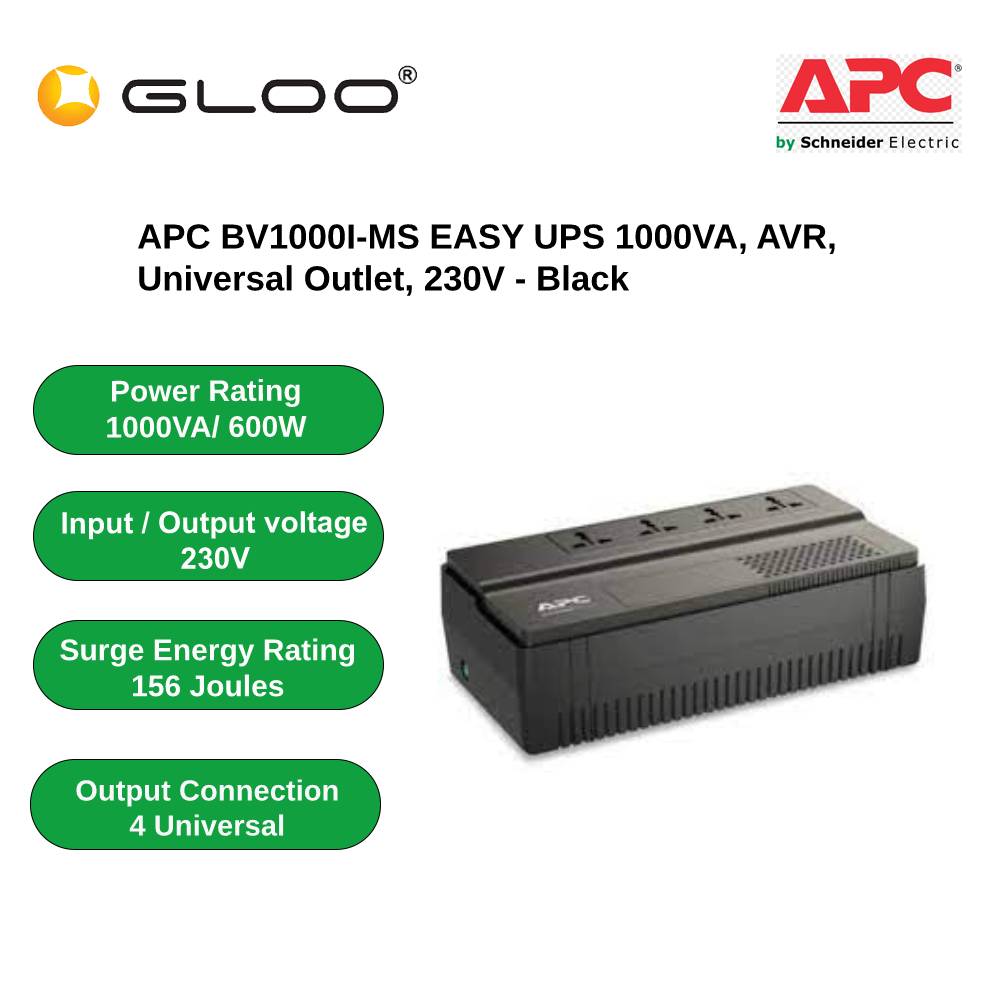 APC BV1000I-MS EASY UPS 1000VA, AVR, Universal Outlet, 230V - Black