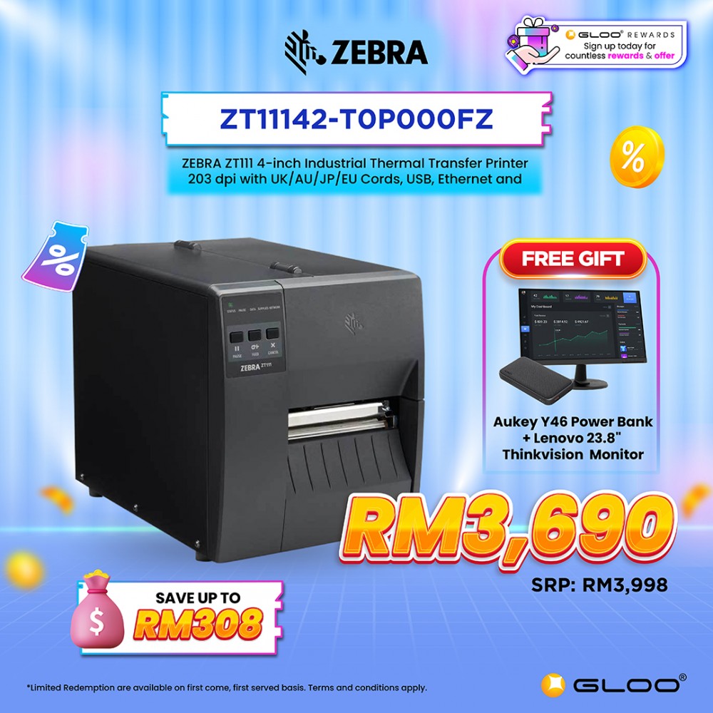 ZEBRA ZT111 4-inch Industrial Thermal Transfer Printer 203 dpi with UK/AU/JP/EU Cords, USB, Ethernet and BTLE (ZT11142-T0P000FZ)