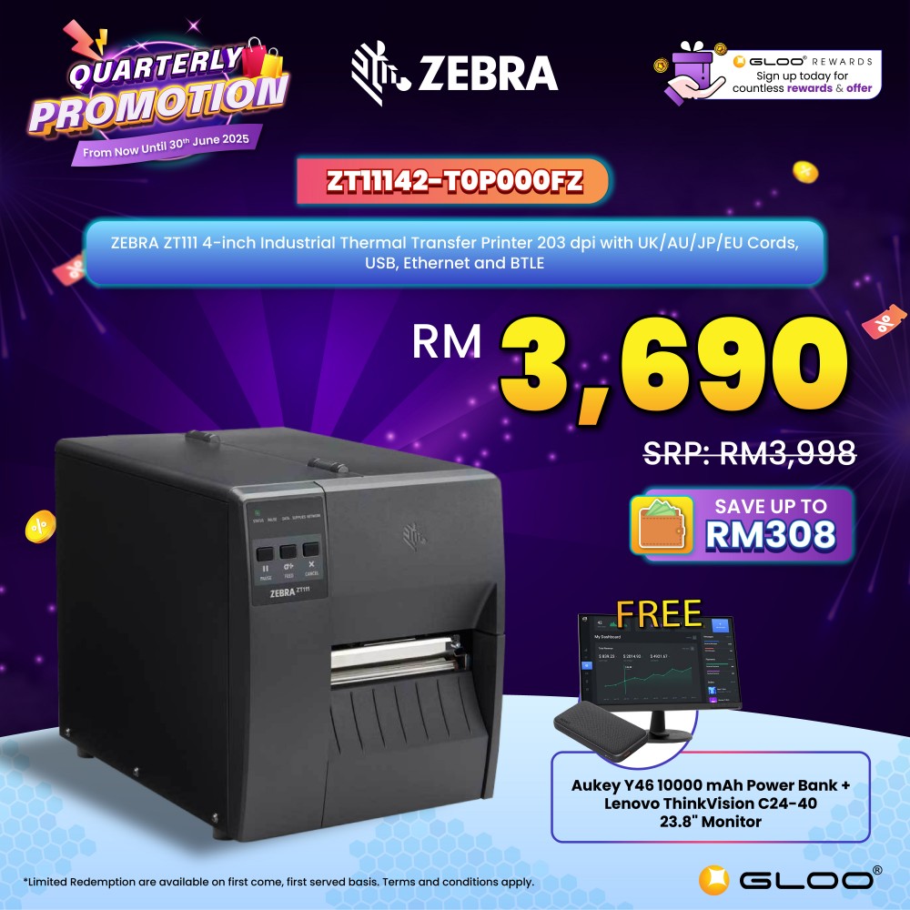 ZEBRA ZT111 4-inch Industrial Thermal Transfer Printer 203 dpi with UK/AU/JP/EU Cords, USB, Ethernet and BTLE (ZT11142-T0P000FZ)