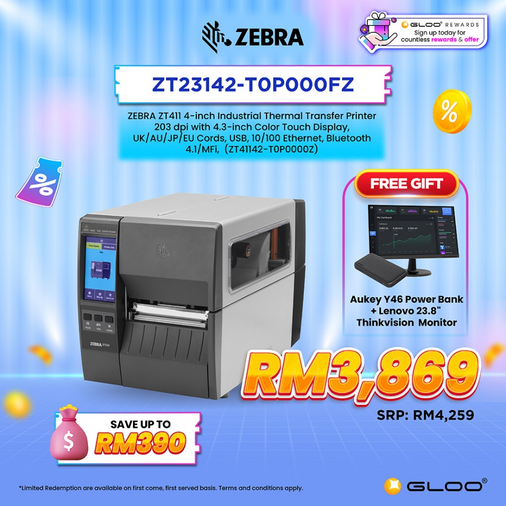 ZEBRA ZT231 4-inch Industrial Thermal Transfer Printer 203 dpi with 4.3-inch Color Touch Display, UK/AU/JP/EU Cords, USB, Ethernet, BTLE (ZT23142-T0P000FZ)