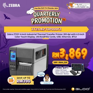ZEBRA ZT231 4-inch Industrial Thermal Transfer Printer 203 dpi with 4.3-inch Color Touch Display, UK/AU/JP/EU Cords, USB, Ethernet, BTLE (ZT23142-T0P000FZ)