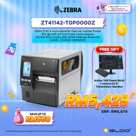 ZEBRA ZT411 4-inch Industrial Thermal Transfer Printer 203 dpi with 4.3-inch Color Touch Display, UK/AU/JP/EU Cords, USB, 10/100 Ethernet, Bluetooth 4.1/MFi,  (ZT41142-T0P0000Z)