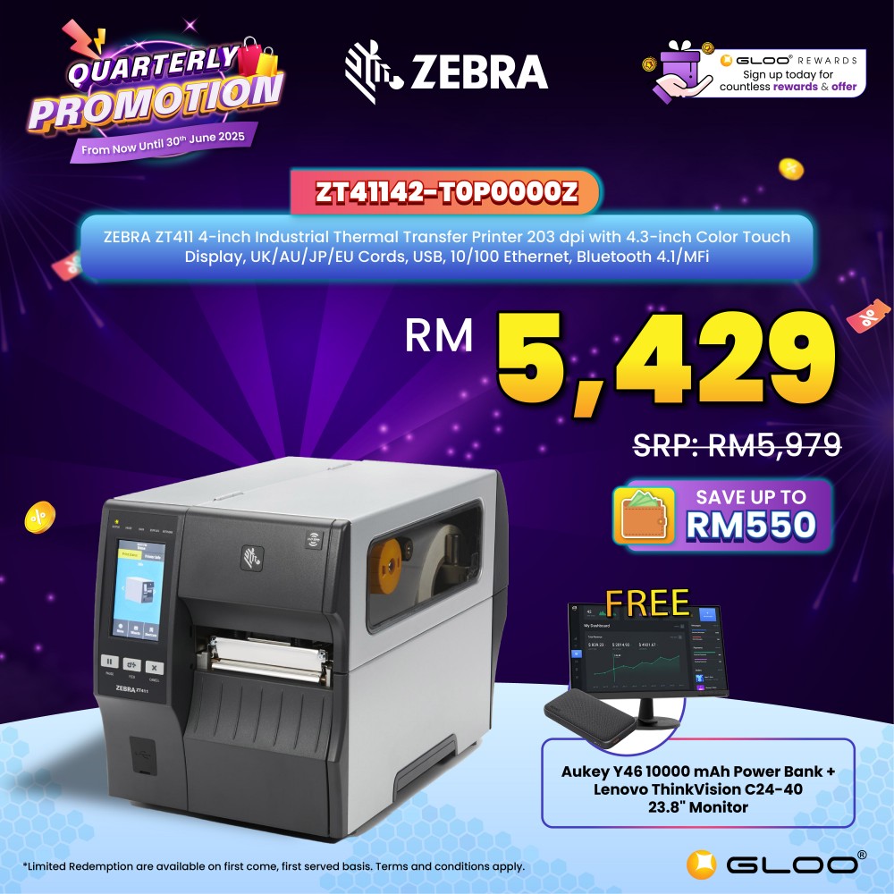 ZEBRA ZT411 4-inch Industrial Thermal Transfer Printer 203 dpi with 4.3-inch Color Touch Display, UK/AU/JP/EU Cords, USB, 10/100 Ethernet, Bluetooth 4.1/MFi,  (ZT41142-T0P0000Z)