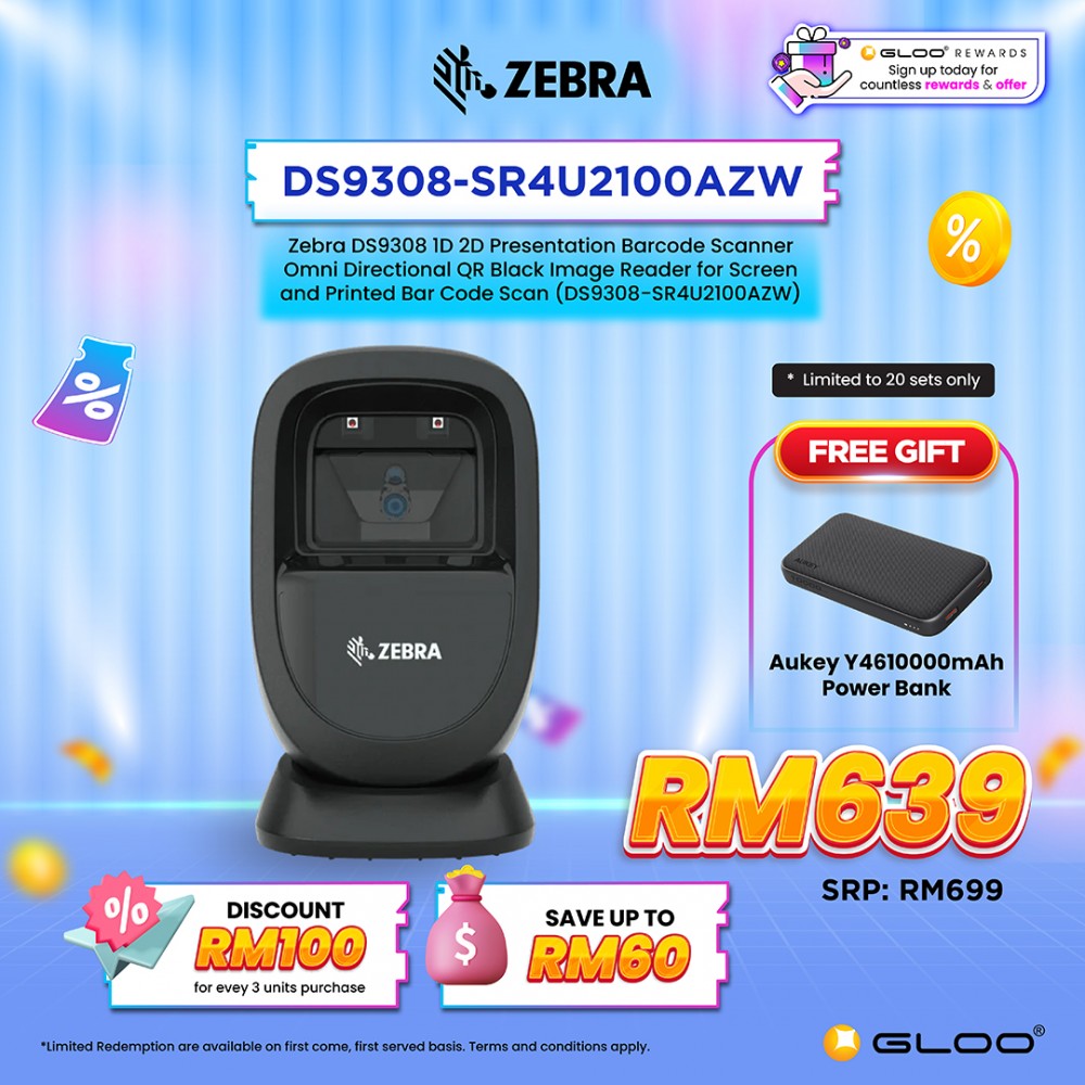 [Ready Stock] Zebra DS9308 1D 2D Presentation Barcode Scanner Omni Directional QR Black Image Reader for Screen and Printed Bar Code Scan (DS9308-SR4U2100AZW)