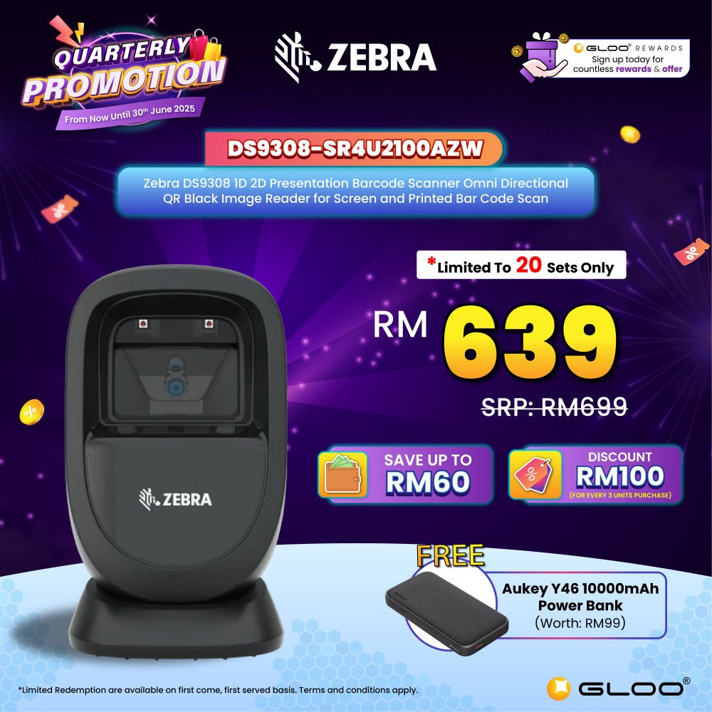 [Ready Stock] Zebra DS9308 1D 2D Presentation Barcode Scanner Omni Directional QR Black Image Reader for Screen and Printed Bar Code Scan (DS9308-SR4U2100AZW)