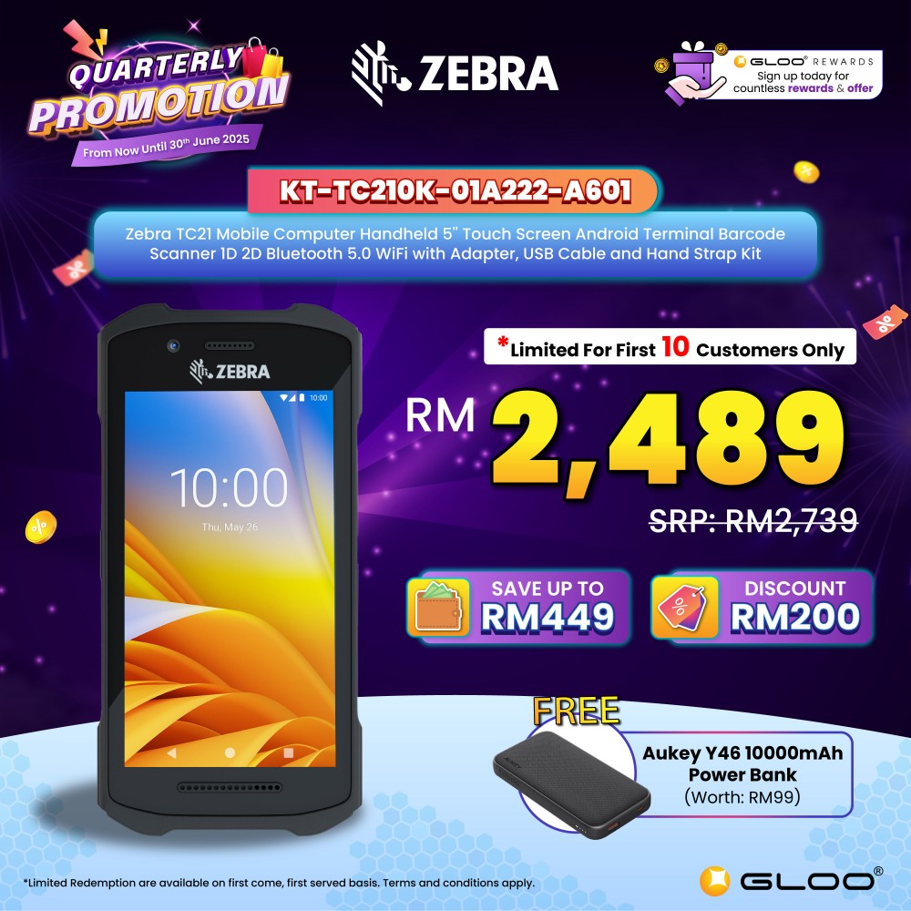 [Ready Stock] Zebra TC21 Mobile Computer Handheld 5'' Touch Screen Android Terminal Barcode Scanner 1D 2D Bluetooth 5.0 WiFi with Adapter, USB Cable and Hand Strap Kit (KT-TC210K-01A222-A601)