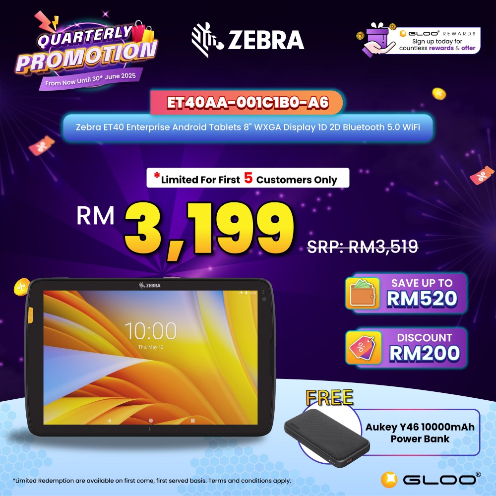 Zebra ET40 Enterprise Android Tablets 8" WXGA Display 1D 2D Bluetooth 5.0 WiFi (ET40AA-001C1B0-A6)