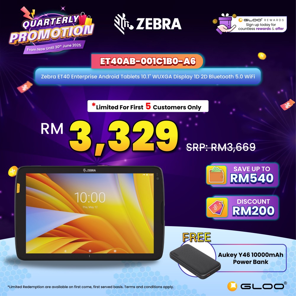 Zebra ET40 Enterprise Android Tablets 10.1" WUXGA Display 1D 2D Bluetooth 5.0 WiFi (ET40AB-001C1B0-A6)